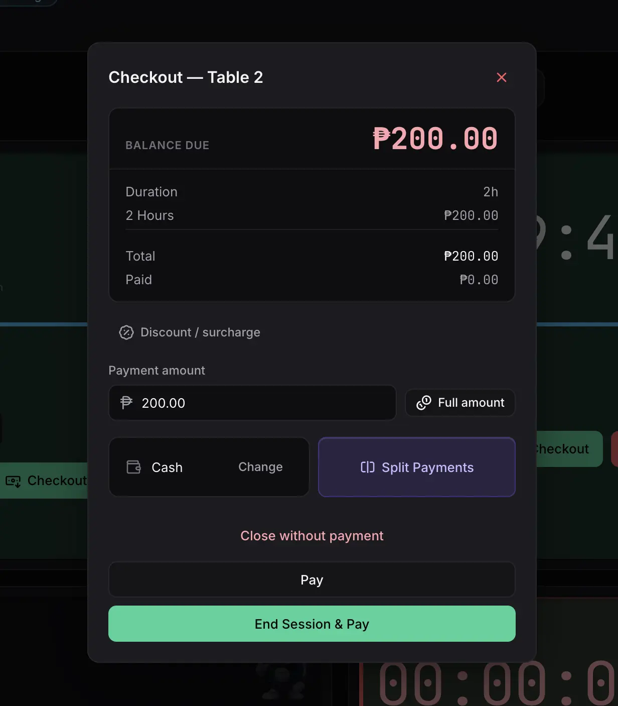 Sargo checkout dialog showing balance due, itemized breakdown, and payment options