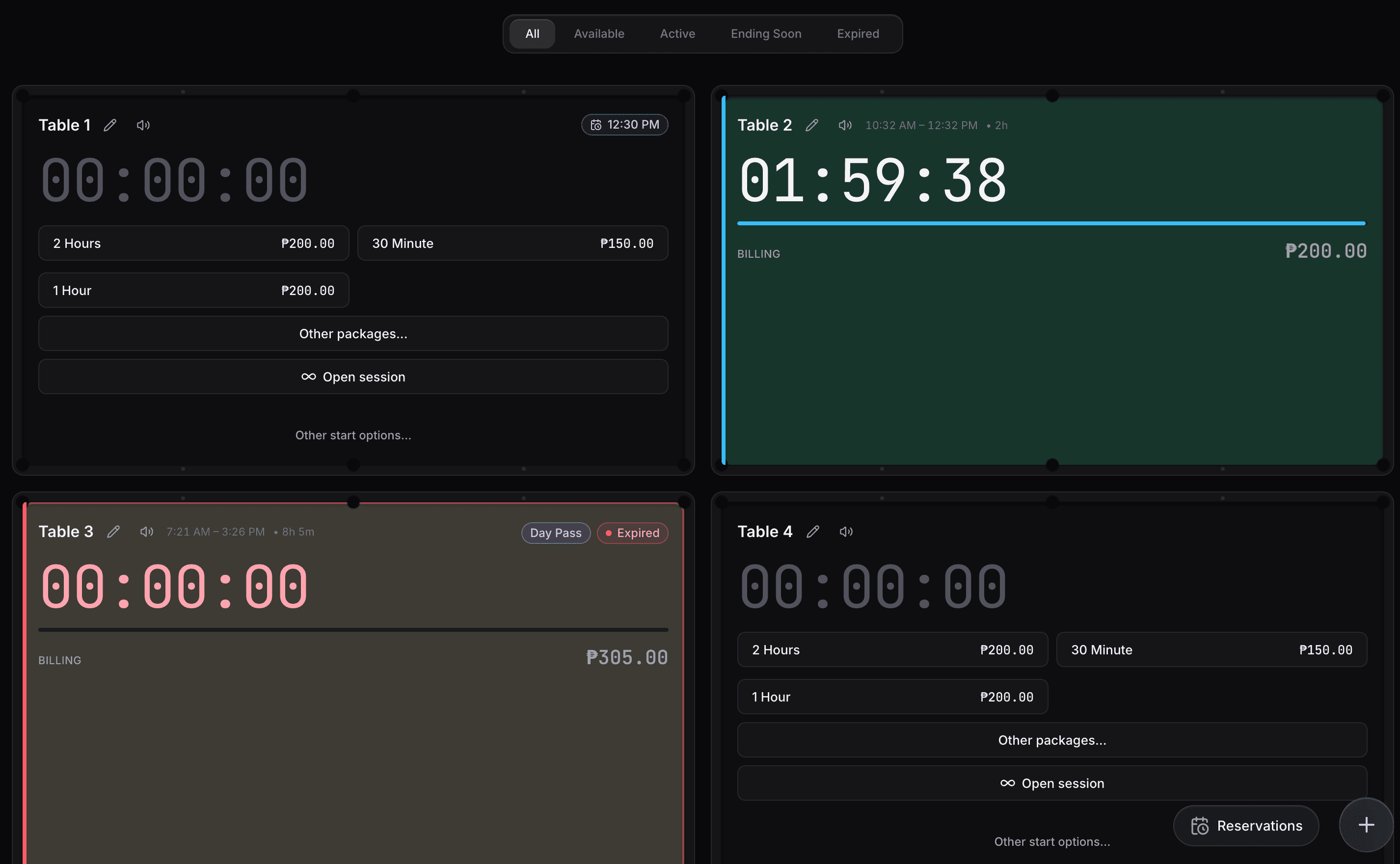 Sargo dashboard showing available, running, and expired table timers across the floor