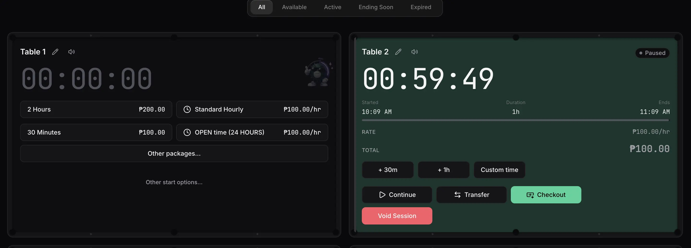 Sargo floor view after the table transfer, with the same live session and timer now on the destination table