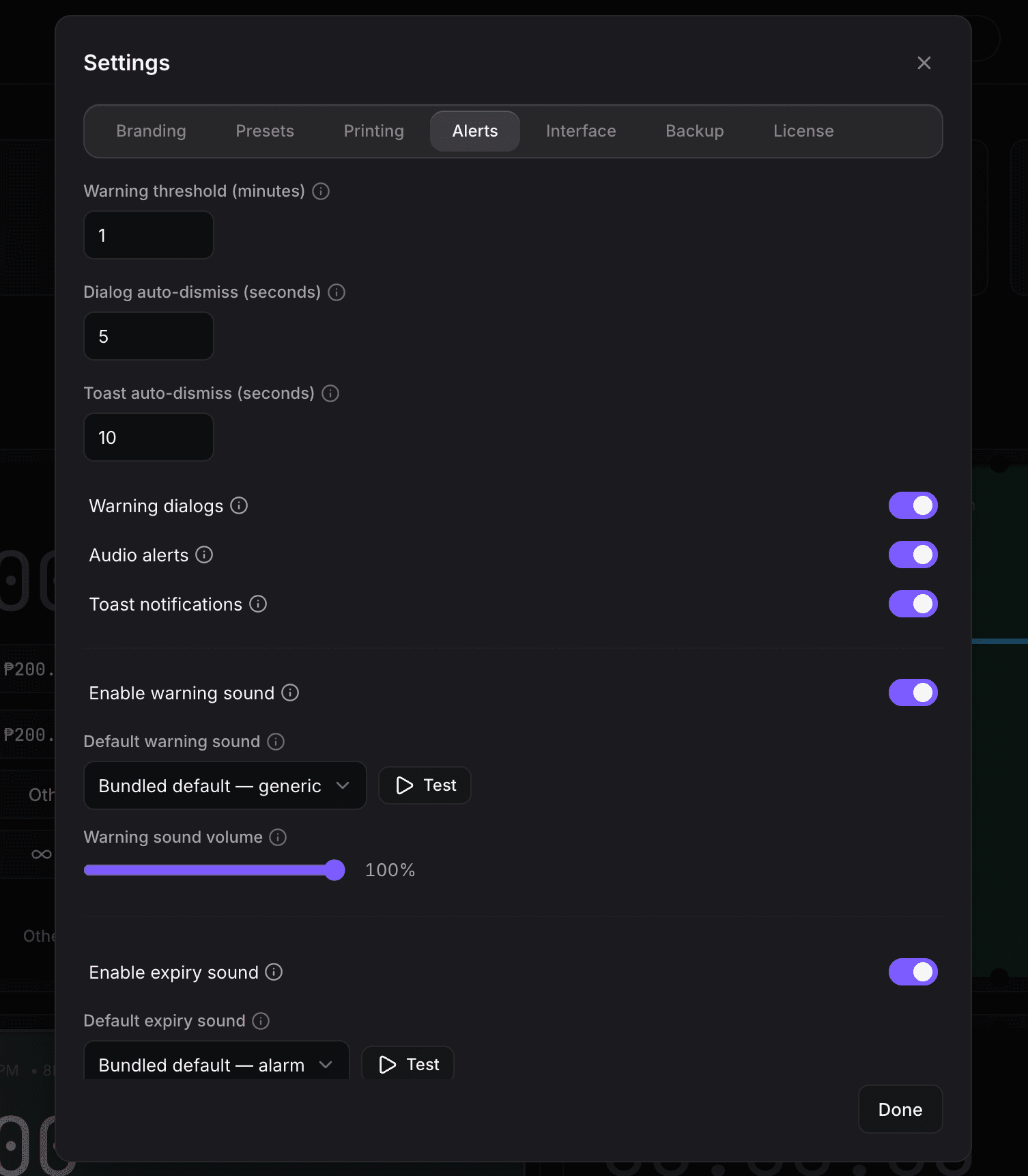 Sargo alert system showing on-screen warnings and notifications for a session ending