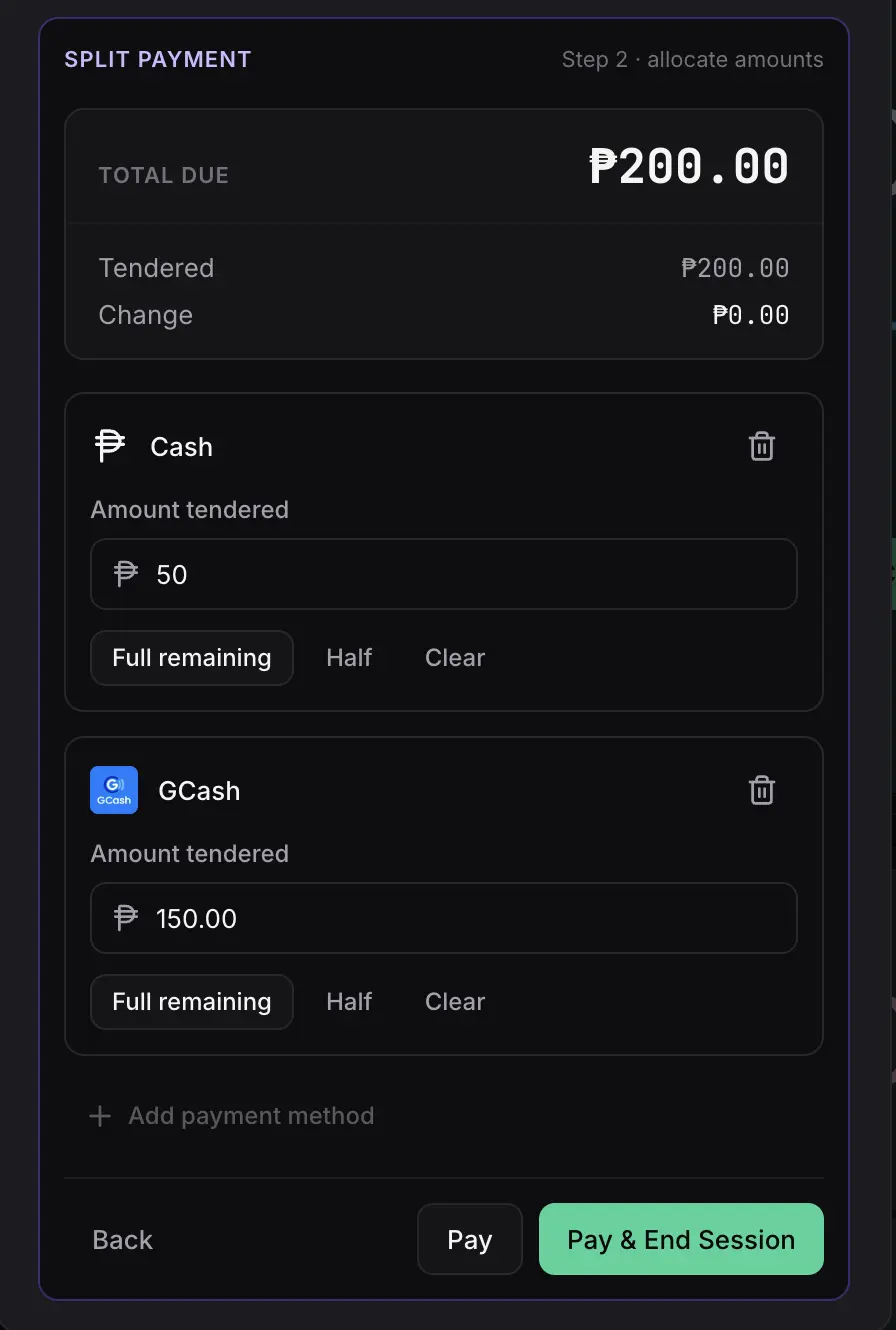 Sargo split payments feature dividing one bill across Cash, GCash, and card